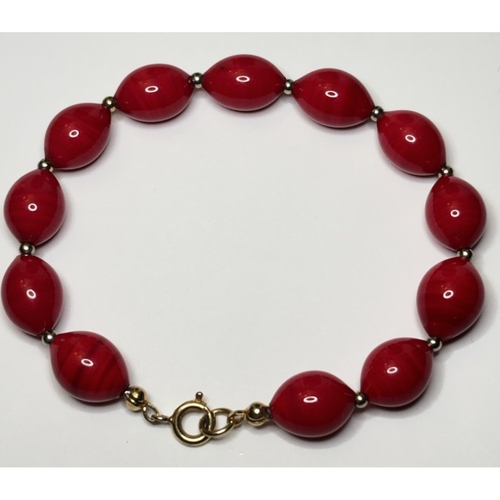 Vintage Red Glass Bead Bracelet 7" Oval Beads Gold Tone Spring Ring Clasp